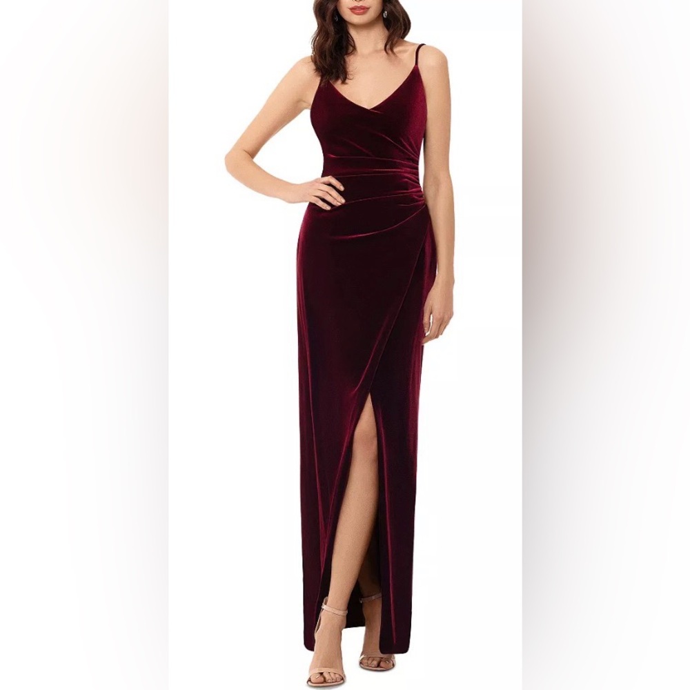 Betsy & Adam Deep Red Velvet Gathered-Waist Gown